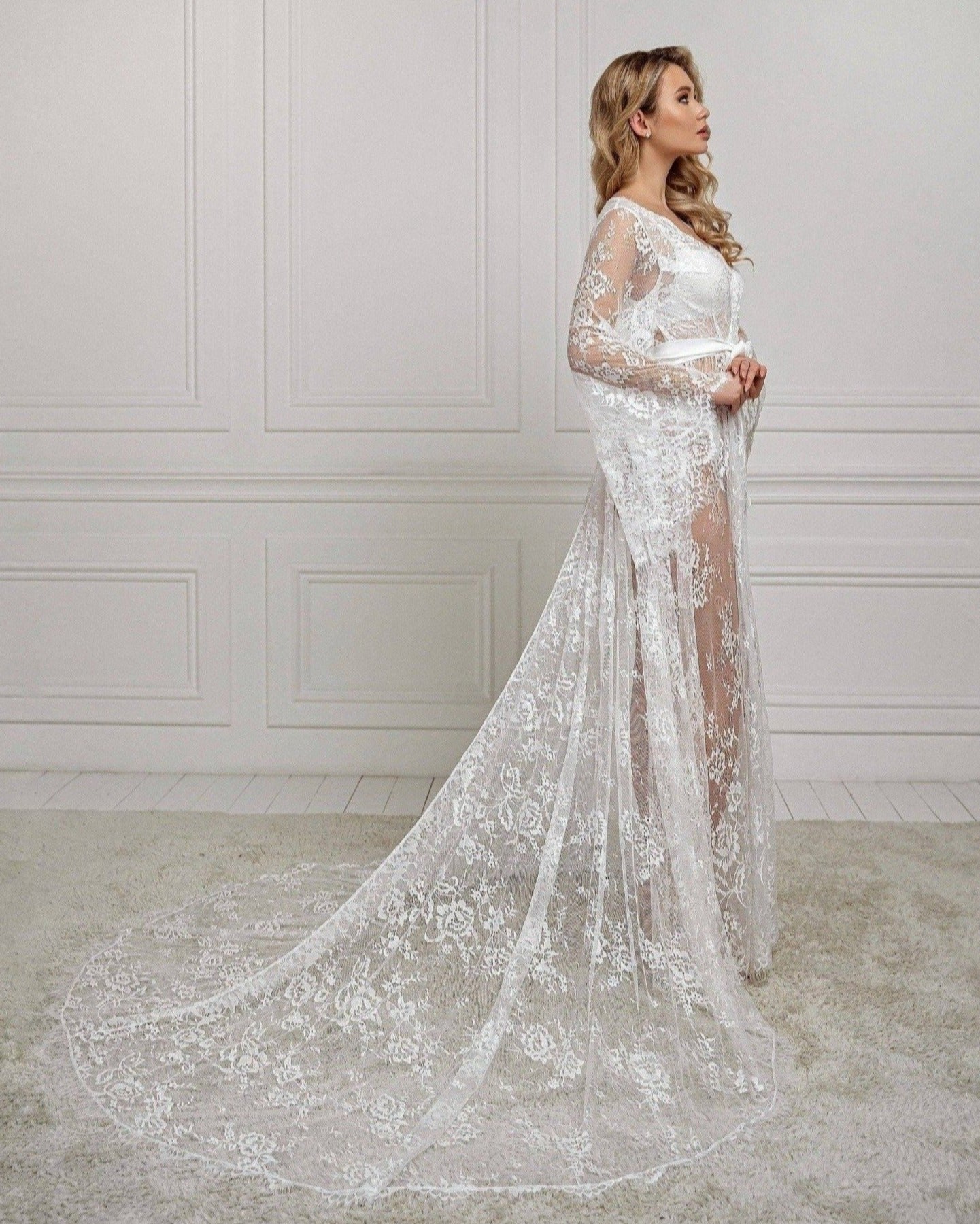 lace bridal robe with train