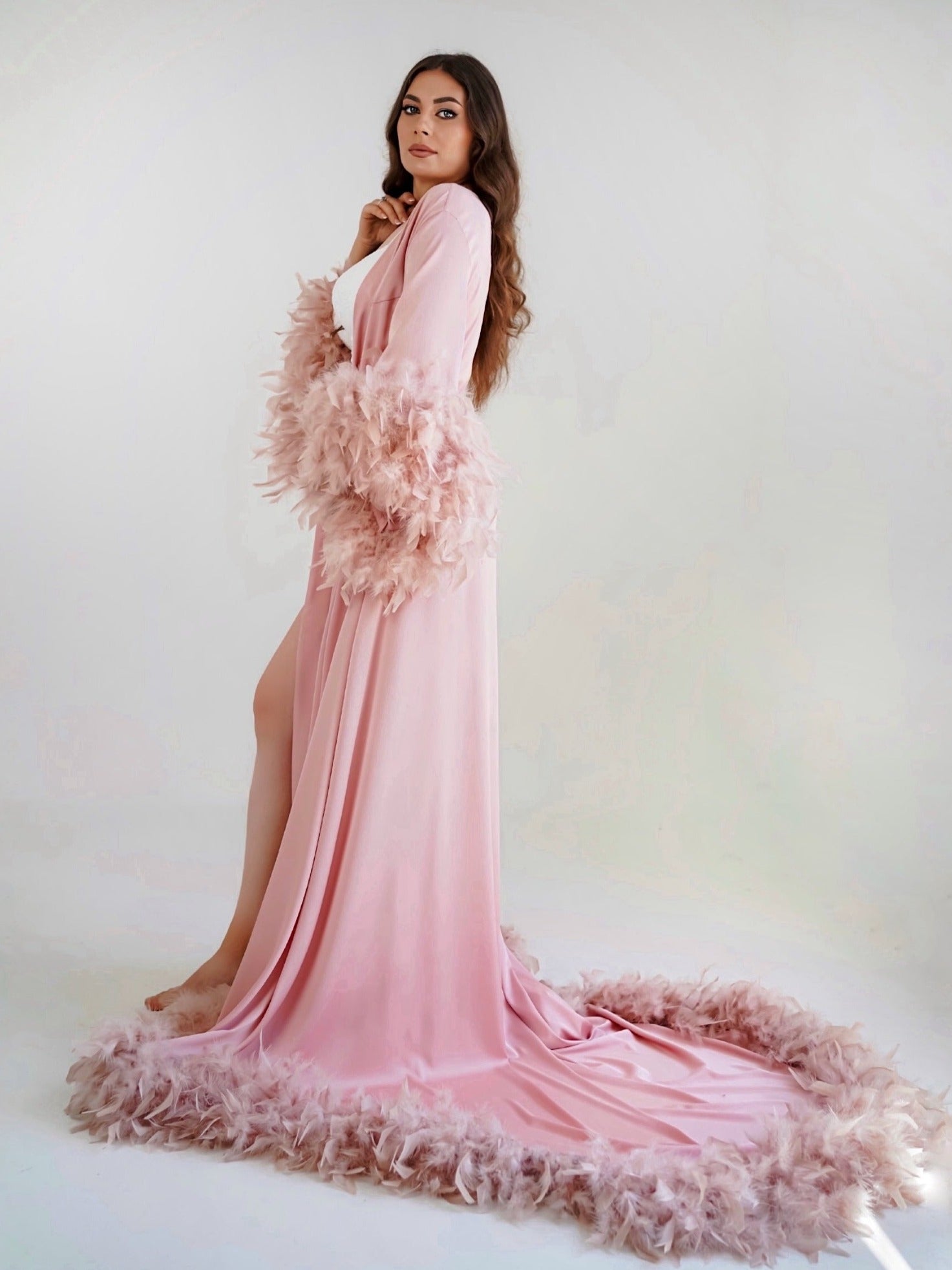 pink feather robe with train