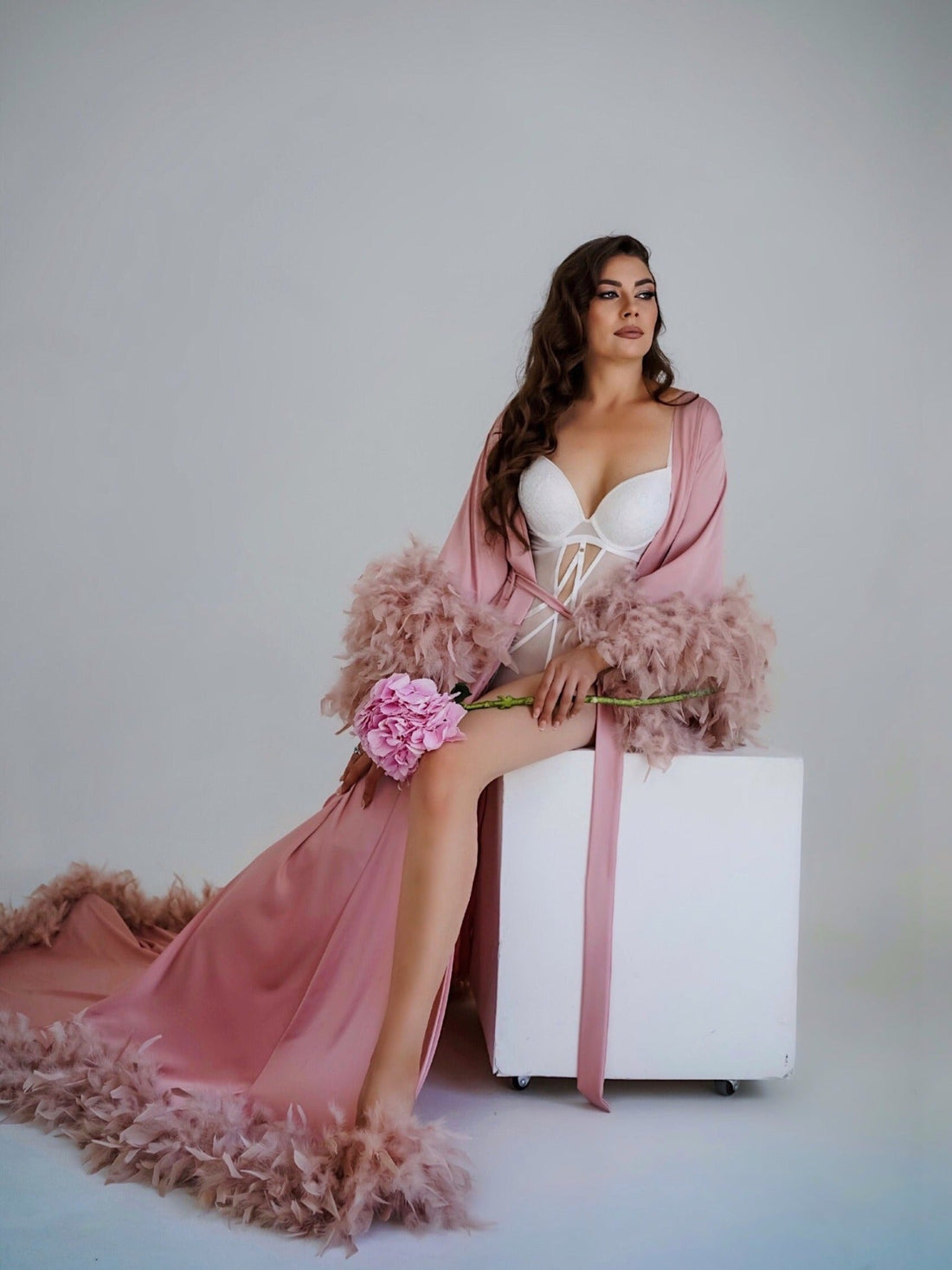 pink feather robe with train