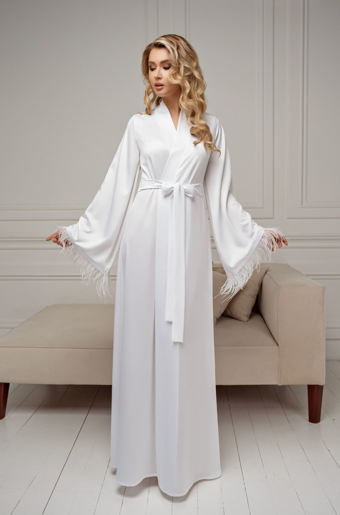 long feather robe white