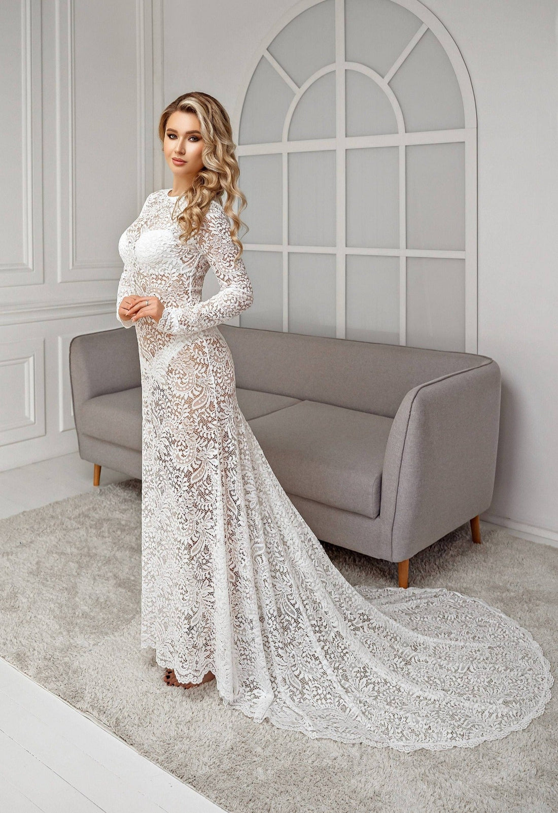 Lace boudoir dress with long sleeves and train